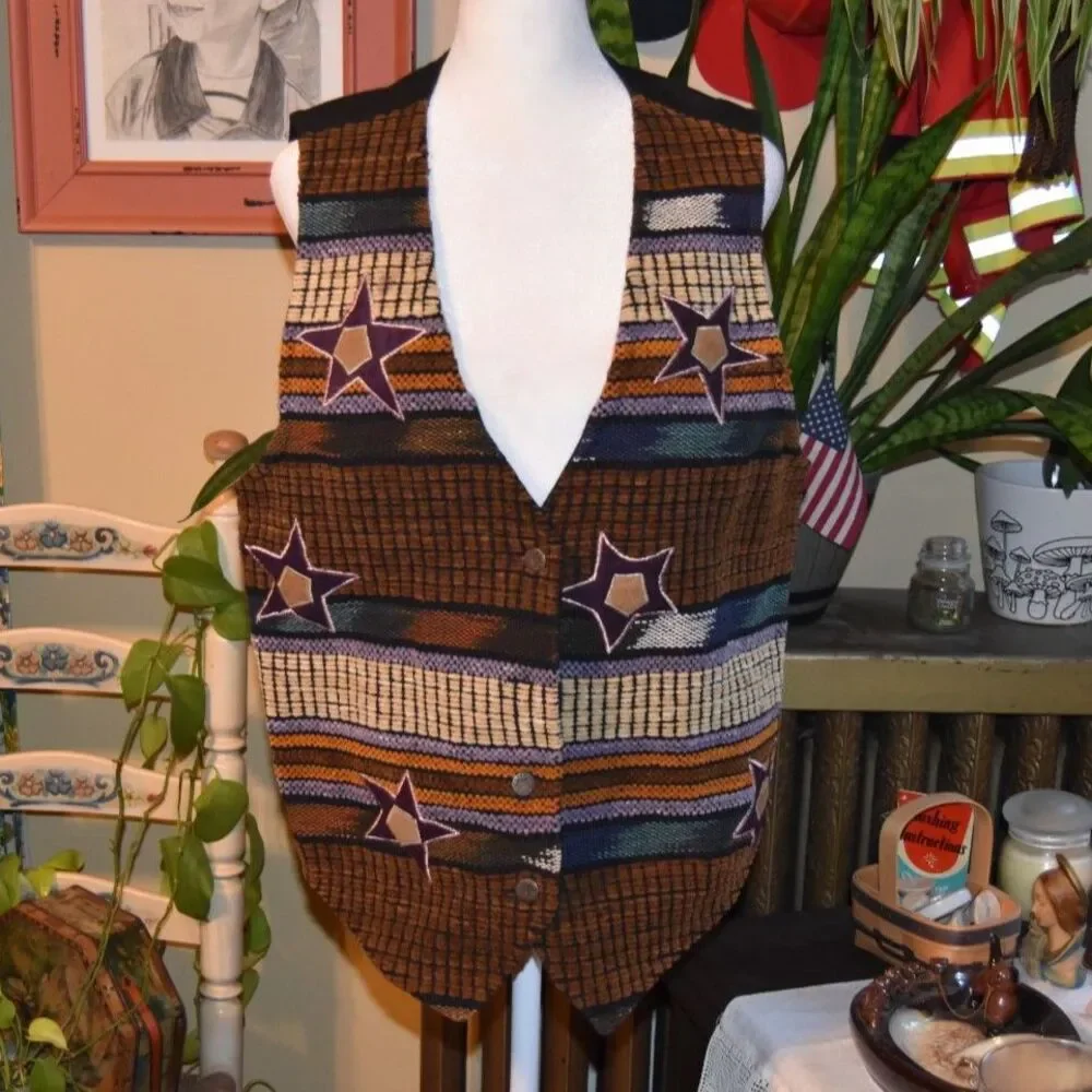 Vintage 80s Jane Ashley Boho Western Tapestry Vest Stars Cinched Back Size Med